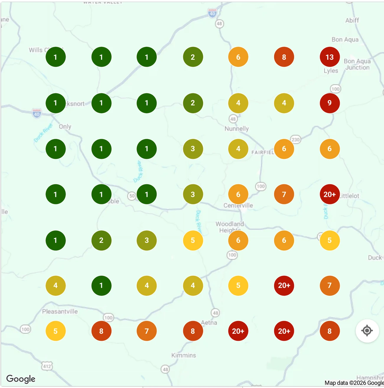 Local Falcon grid scan of Centerville, Tennessee. A 7 by 7 grid of 49 map
     pins across a 10 mile radius, each showing Duck It Farm's map pack rank at that
     point. The western two thirds reads 1, 2 and 3, shading through 4s and 6s in the
     middle, with four pins in the south east where the farm does not appear.