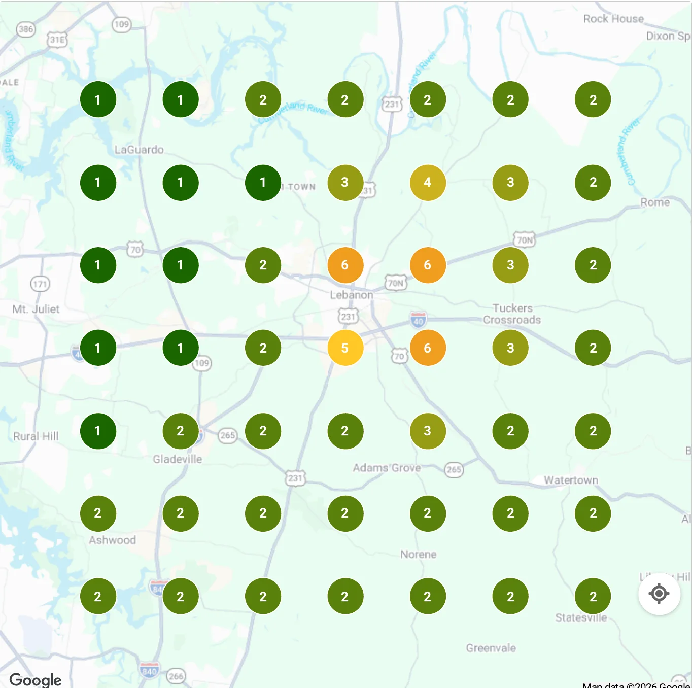Local Falcon grid scan of Lebanon, Tennessee. A 7 by 7 grid of 49 map pins across a 10 mile radius, each showing Outback Construction's map pack rank at that point. Most pins read 1 or 2, with a cluster of 5s and 6s immediately around downtown Lebanon.